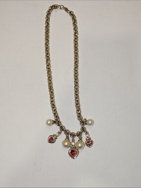Vintag Gold Plated Chain Charm Necklace with Pink Heart Crystals and Pearl Drops